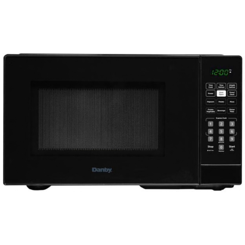 Danby 0.9 cu. ft. black countertop microwave designed for hotel guest rooms, extended stay kitchens, and commercial hospitality environments