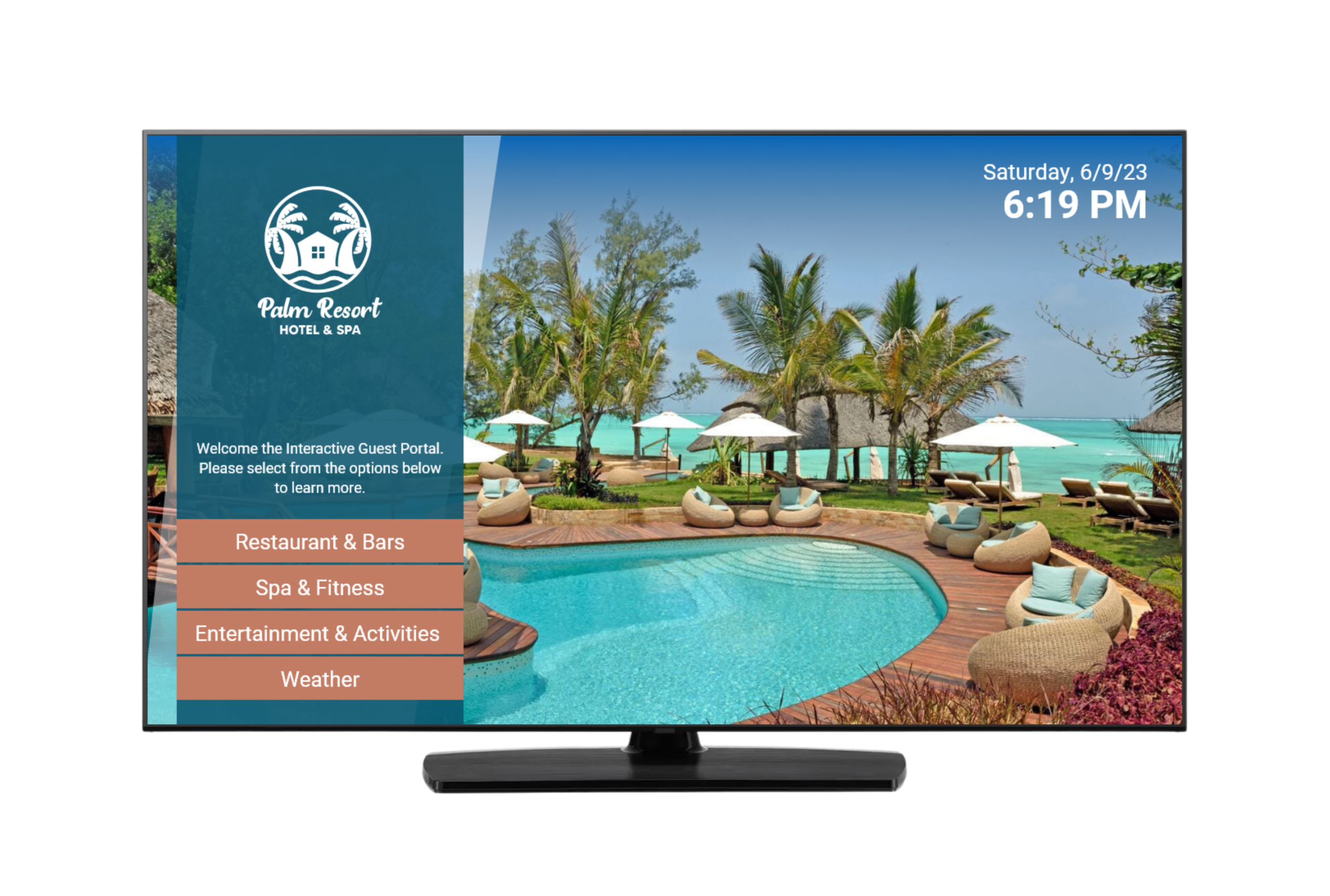 LG hotel television with Pro:Centric technology built to meet hotel TV brand standards for guest room entertainment