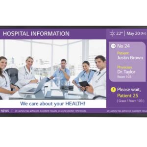 Product features include 400 nit brightness and 1% haze surface treatment for clear indoor viewing, and FHD resolution (1920x1080) for crisp, clear images, ideal for doctors and patients.
