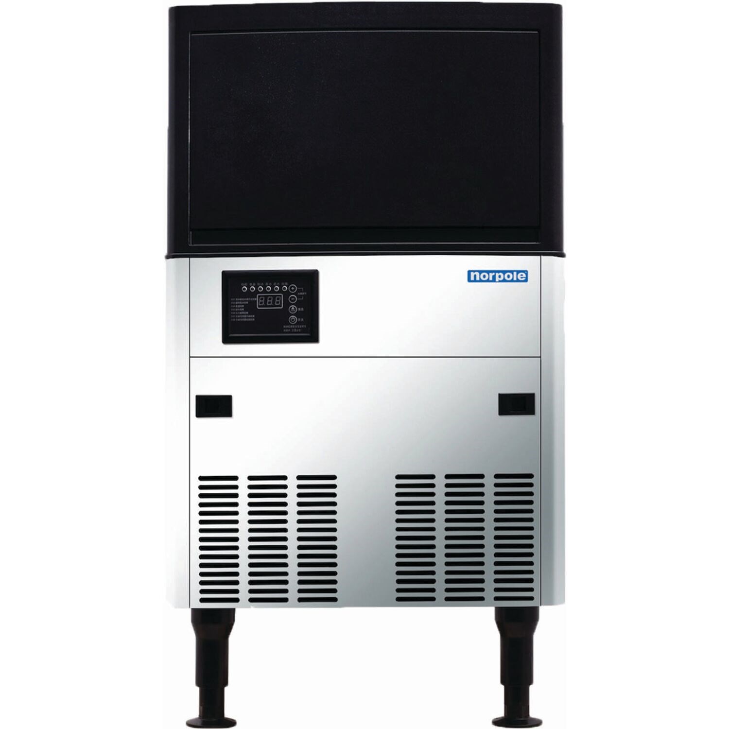 "Undercounter Norpole commercial ice maker producing 120 lbs of bullet-shaped ice per day with stainless steel exterior and 40 lb storage bin – ideal for hotel and restaurant use."