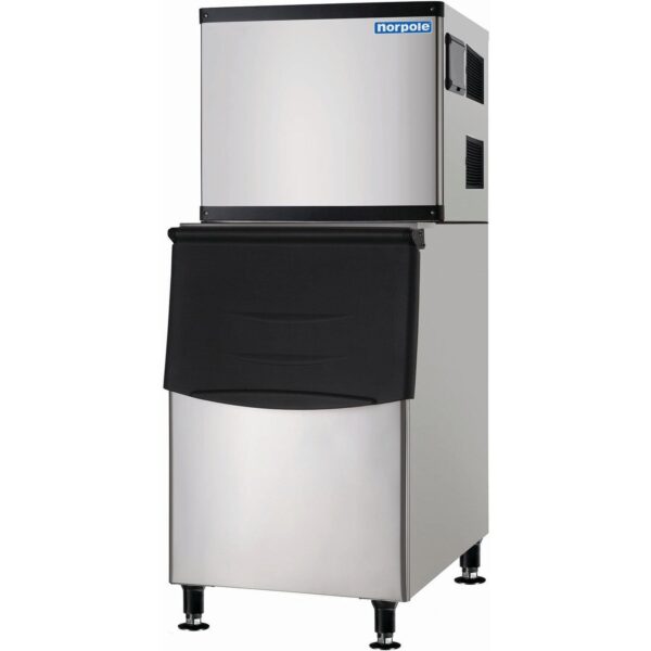 "Norpole 275 lb capacity commercial ice storage bin with stainless steel body, compatible with NPCIM500M – ideal for hotels and foodservice environments."