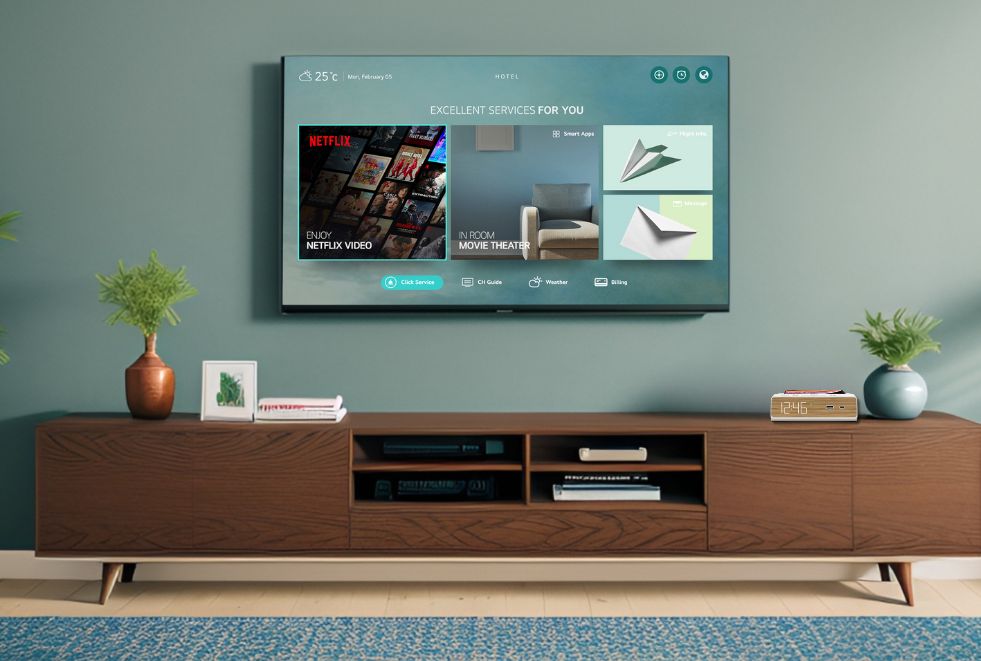 hotel tv system Commercial-grade IPTV hotel TV system installed in a modern guest room with smart display
