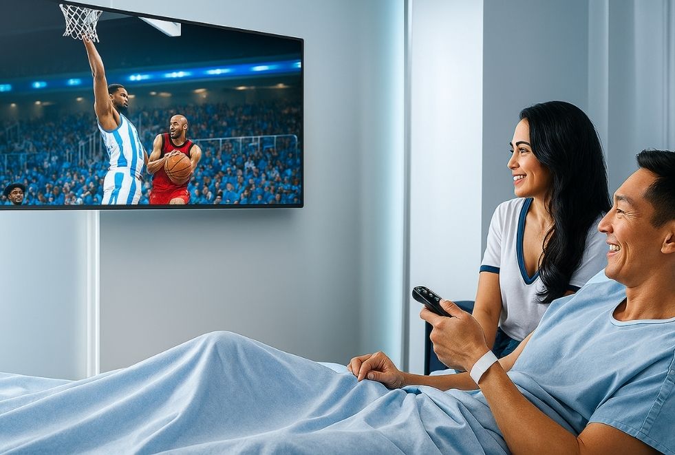hospital tv system Hospital patient room with wall-mounted hospital-grade TV system connected to a with DIRECTV for Business streaming live sports