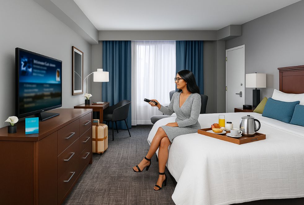 Hospitality TV management system in use at a resort, showing custom branded content on commercial-grade TVs