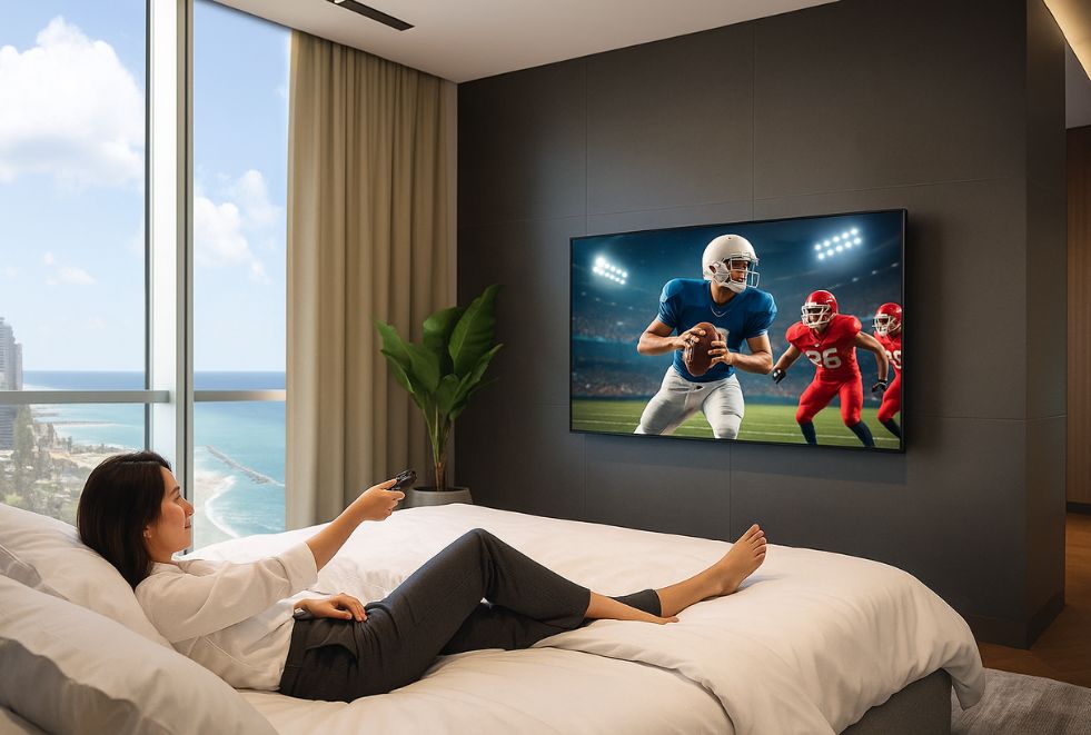 hospitality tv system Hotel guest room featuring a hospitality TV system with DIRECTV for Business streaming live sports