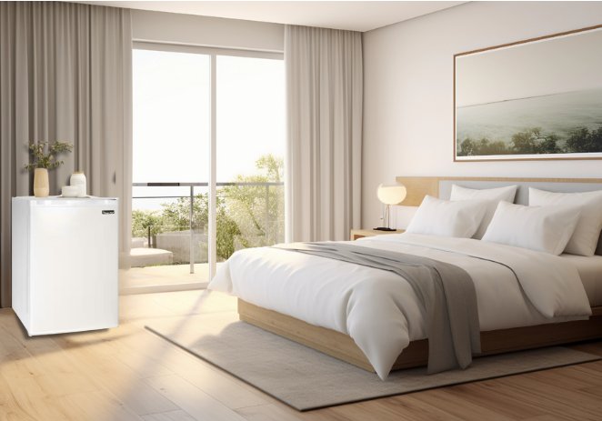 commercial - microwave fridge combo Modern hotel guest suite featuring a neatly styled bed and a compact Magic Chef mini fridge, ideal for hospitality and extended-stay comfort.