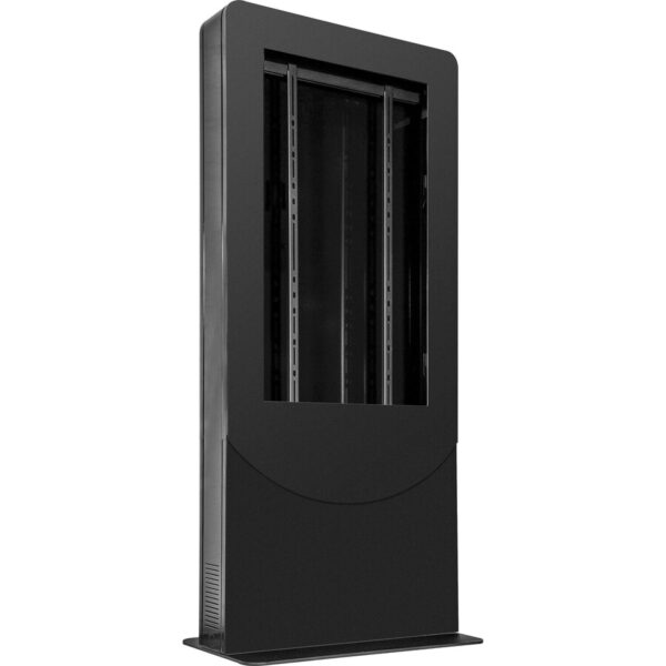 Peerless-AV® KIPC2555 single-sided portrait kiosk with internal storage and cooling fans for 55" to 65" displays in hospitality or healthcare spaces.