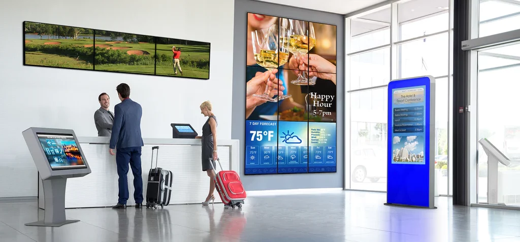 Hotel Lobby Installation, Mounted hotel TV with Peerless wall mount in modern lobby