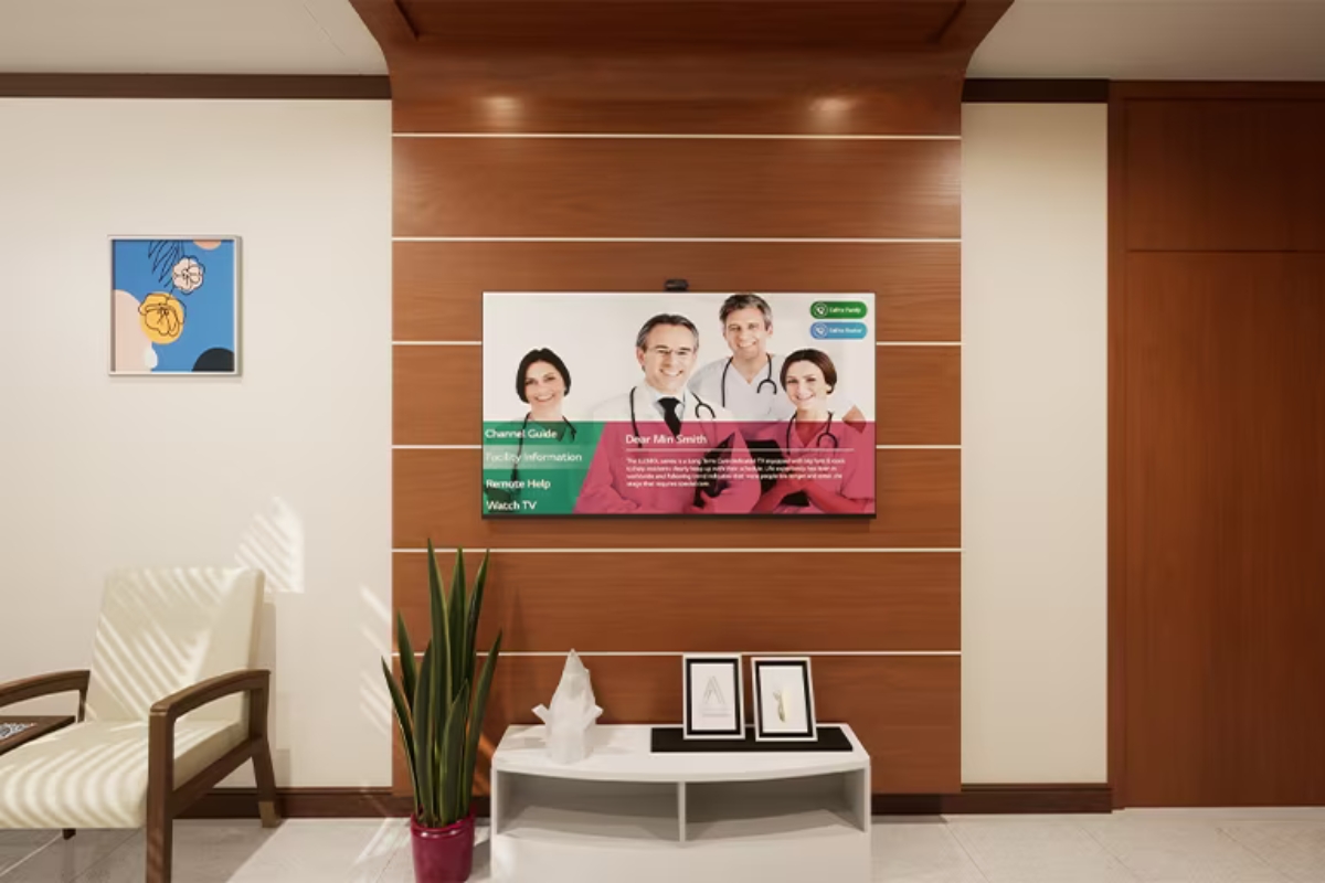 Healthcare TV in a hospital common area displaying custom content powered by LG Pro:Centric® hospital management system.