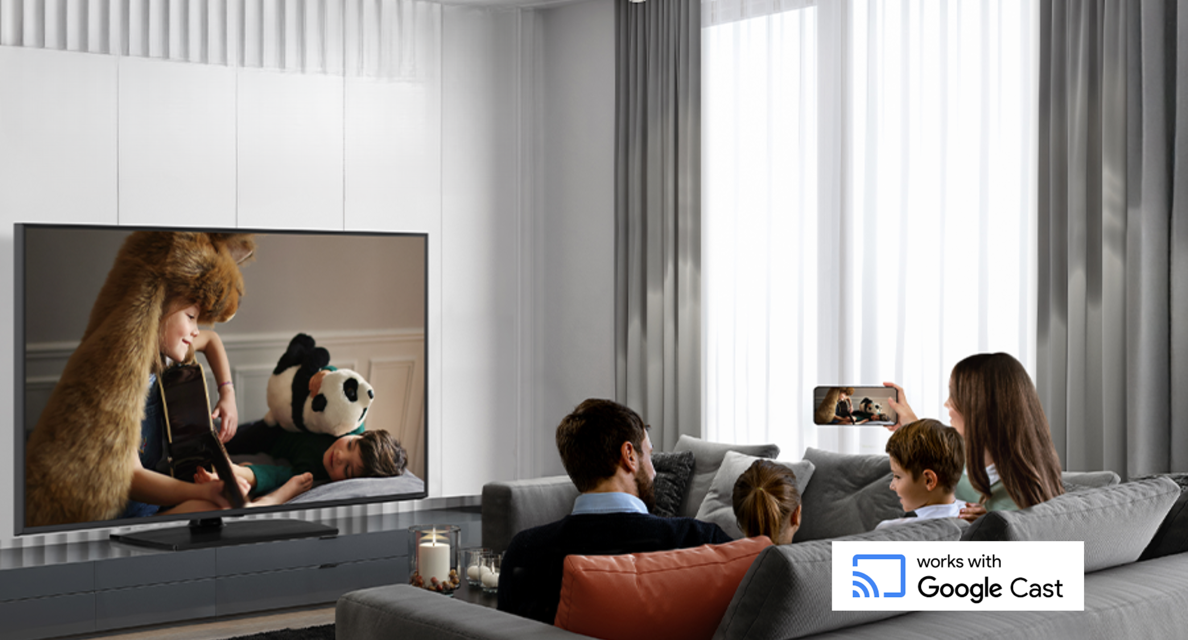 Modern hotel room with 4K smart hotel TV offering Google Cast streaming.