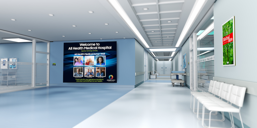 High-definition DVLED video wall display with bright color and sharp contrast in healthcare facility.