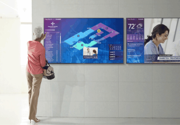 Concept rendering of a digital donor wall idea using LG DVLED direct-view LED panels to create an immersive recognition experience for hospital campaigns.