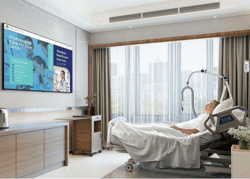 “High-end patient suite showcasing a wall-mounted screen powered by healthcare grade TV systems.”