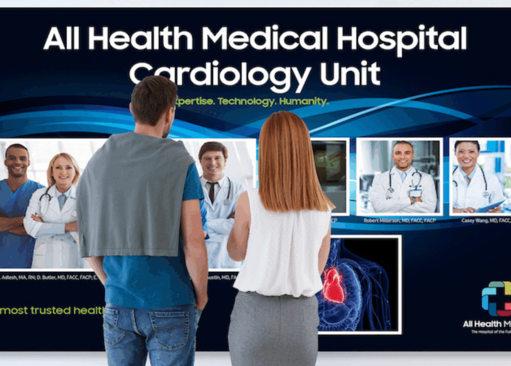 “Visitors viewing a digital information wall in a cardiology unit powered by advanced healthcare television systems.”