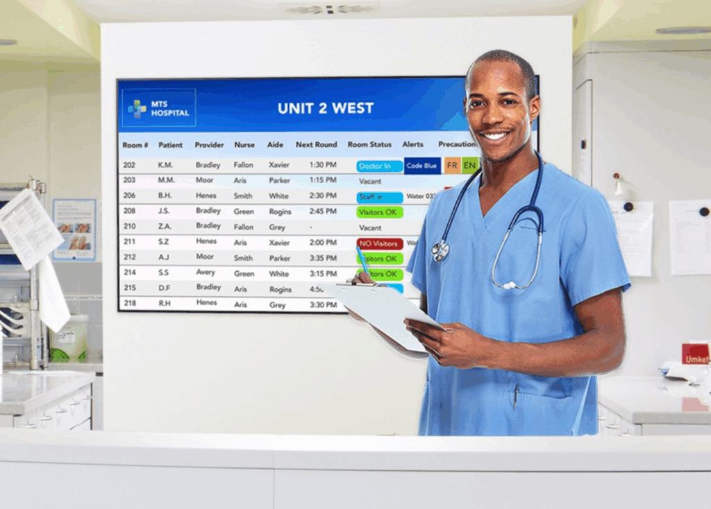 “Nurse reviewing patient updates on a large display screen connected to hospital TV systems for real-time monitoring.”