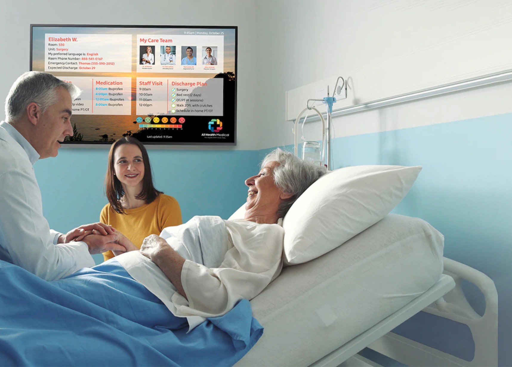 “Patient and family looking at a digital care board integrated with healthcare patient television systems.”