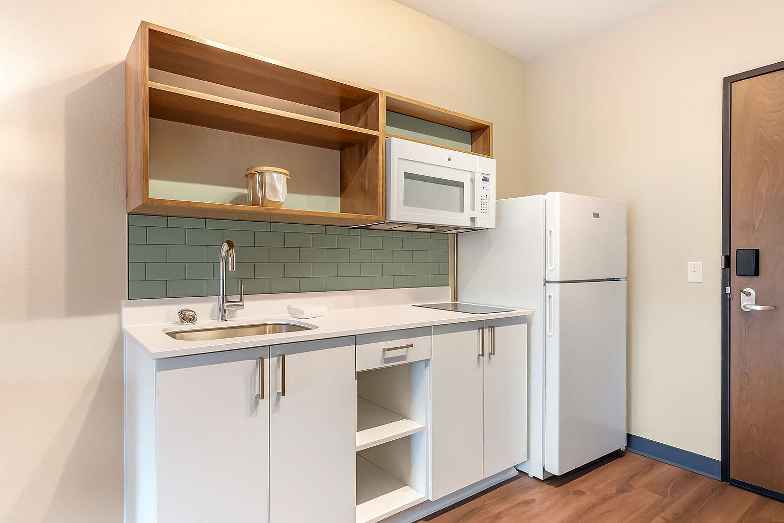 Modern guestroom with a hotel mini refrigerator, microwave, and casegoods supplied through MDM Commercial’s single-source FF&E program.
