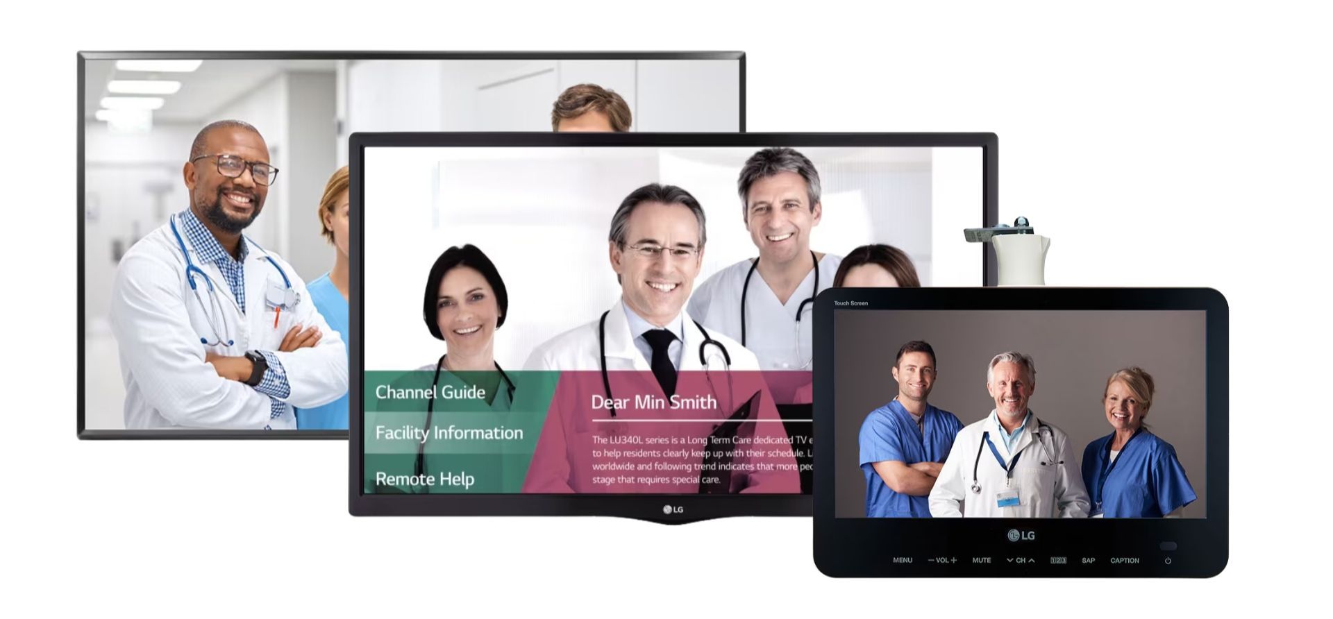 Multiple LG hospital TVs displayed as part of a hospital patient TV system in a modern healthcare environment