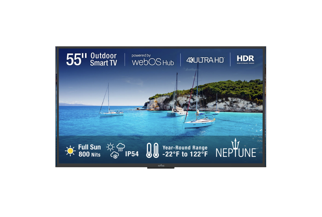 Neptune™ Full Sun Outdoor Smart TV mounted outdoors, featuring a bright 4K display designed for full-sun viewing