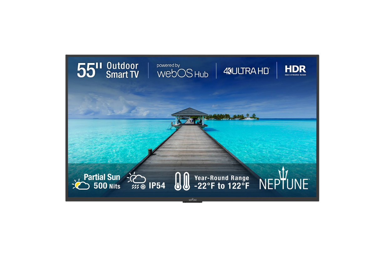 Neptune™ outdoor TV installed on a covered hotel patio with partial sunlight exposure