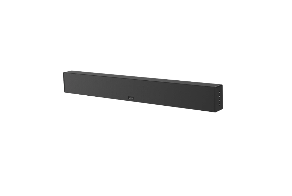 Neptune outdoor soundbar mounted beneath an outdoor TV, delivering weather-resistant audio for patios and open-air spaces.