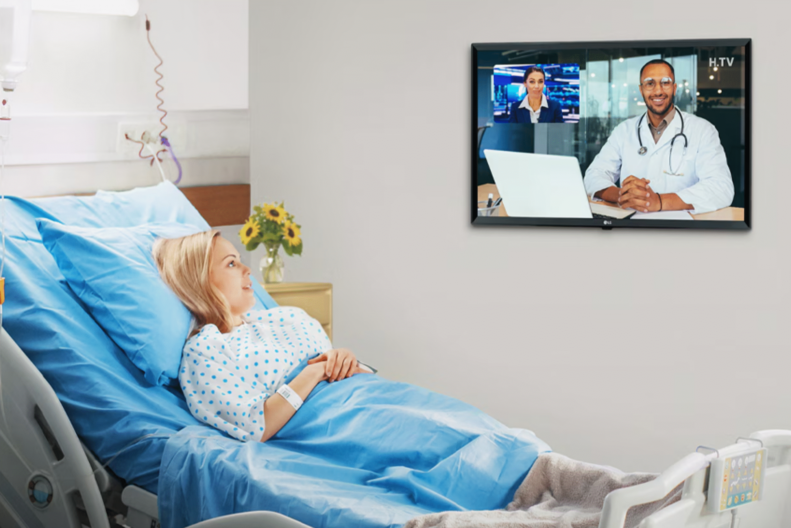 Hospital patient room featuring LG healthcare TV installed for bedside entertainment