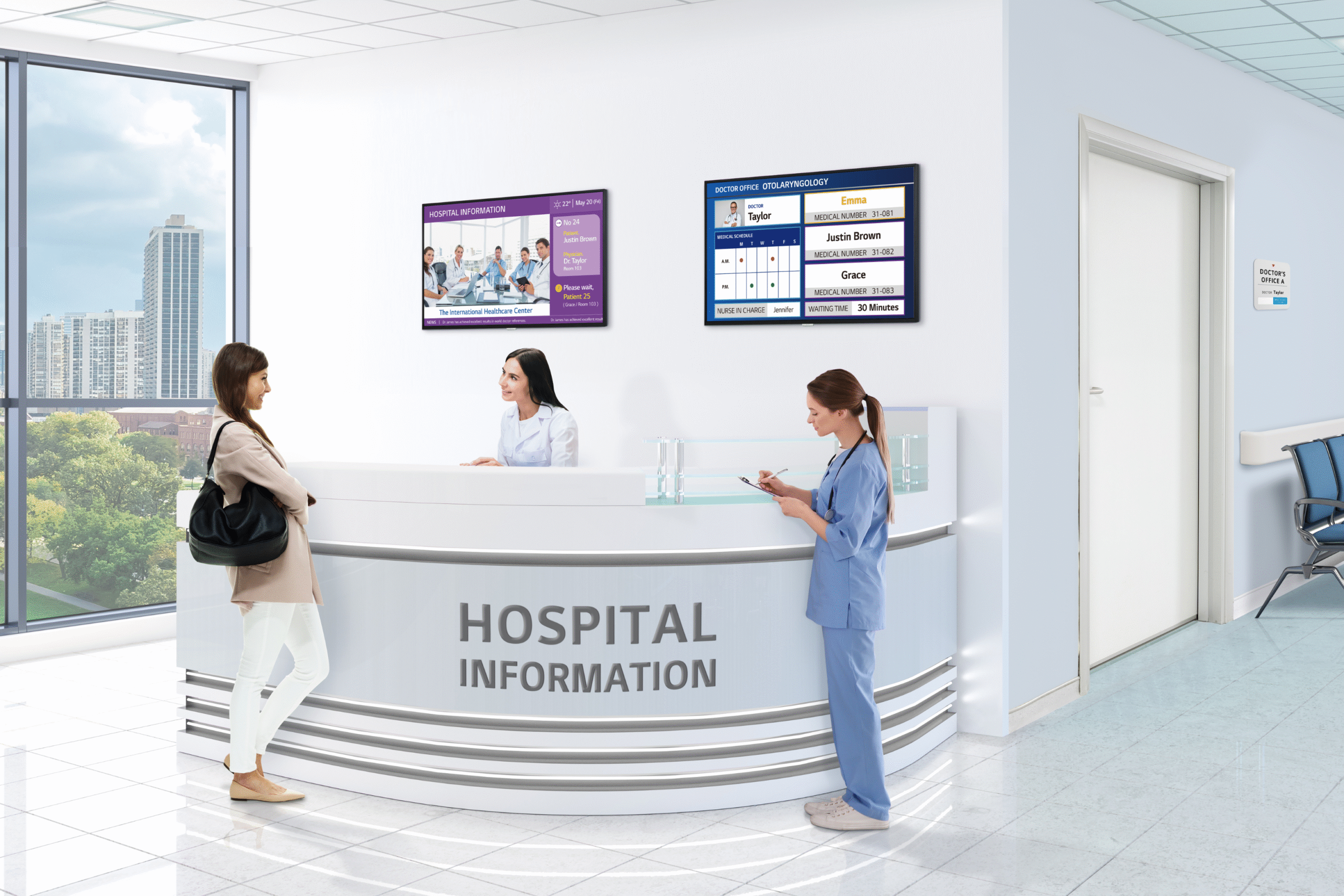 Hospital digital signage display providing wayfinding and patient information in healthcare facility