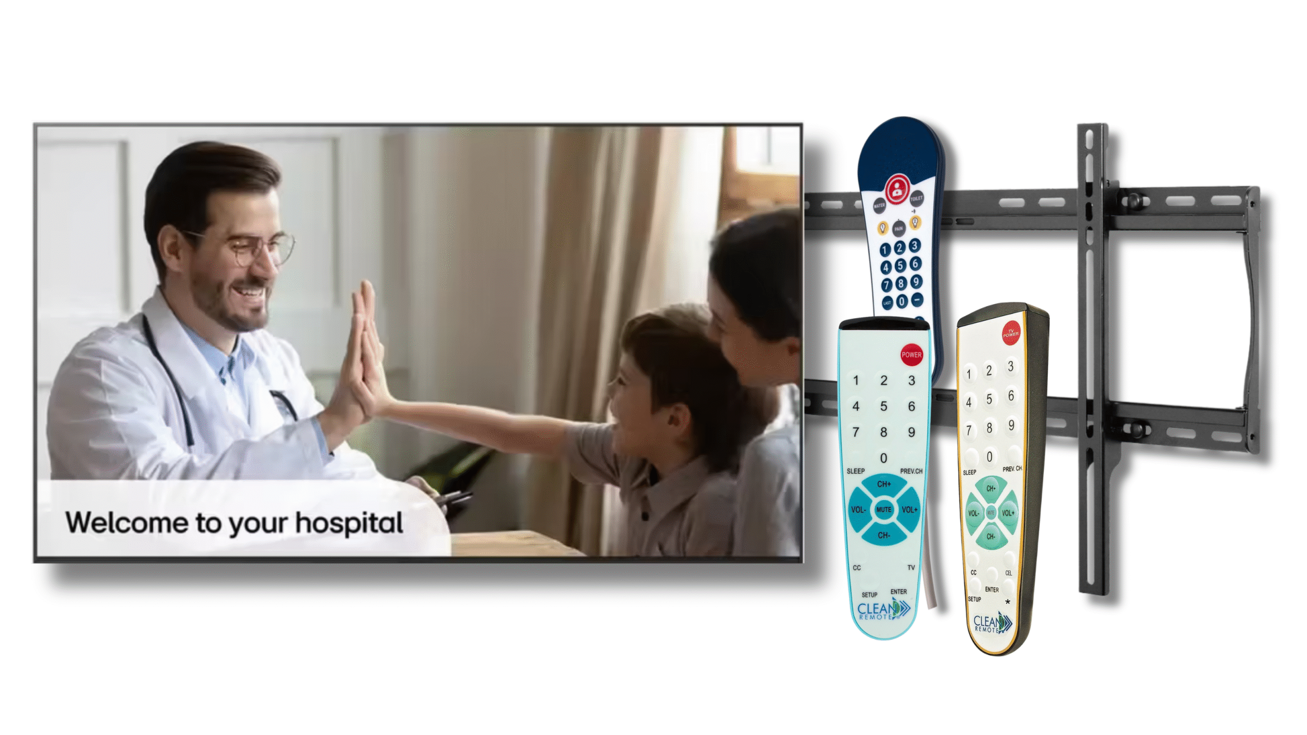 hospital patient room tv available in a bundle with remotes and mounts from MDM Commercial