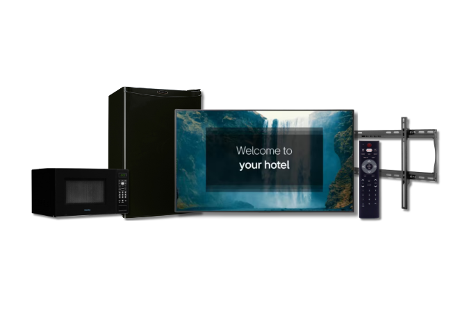 Hotel guest room appliance bundle including LG hospitality TV, Danby mini refrigerator, Danby microwave, Peerless-AV wall mount, and Clean Remote remote control available from MDM Commercial.