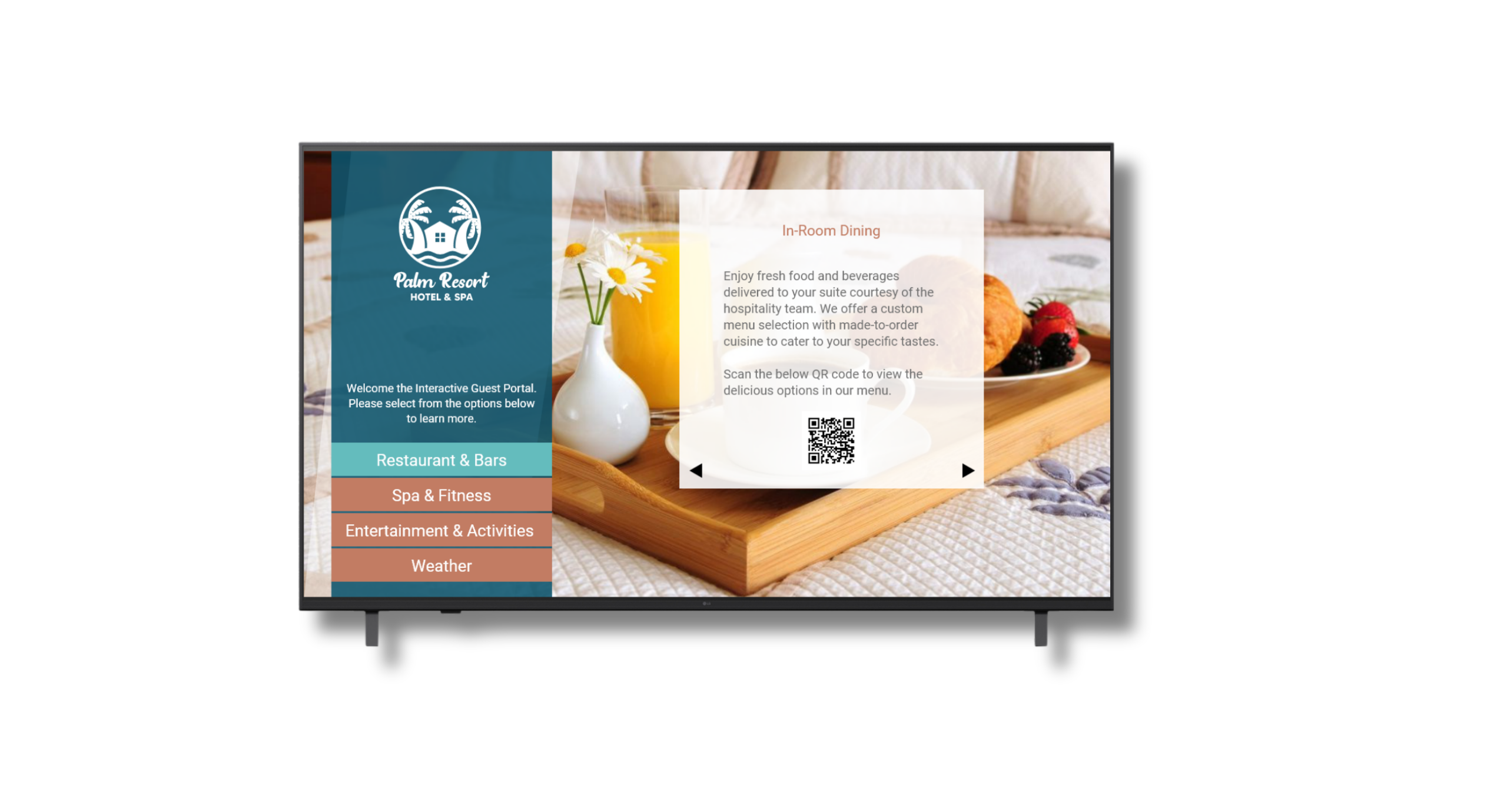 LG Pro:Centric hotel TV interface showing customizable guest welcome screen and hotel information