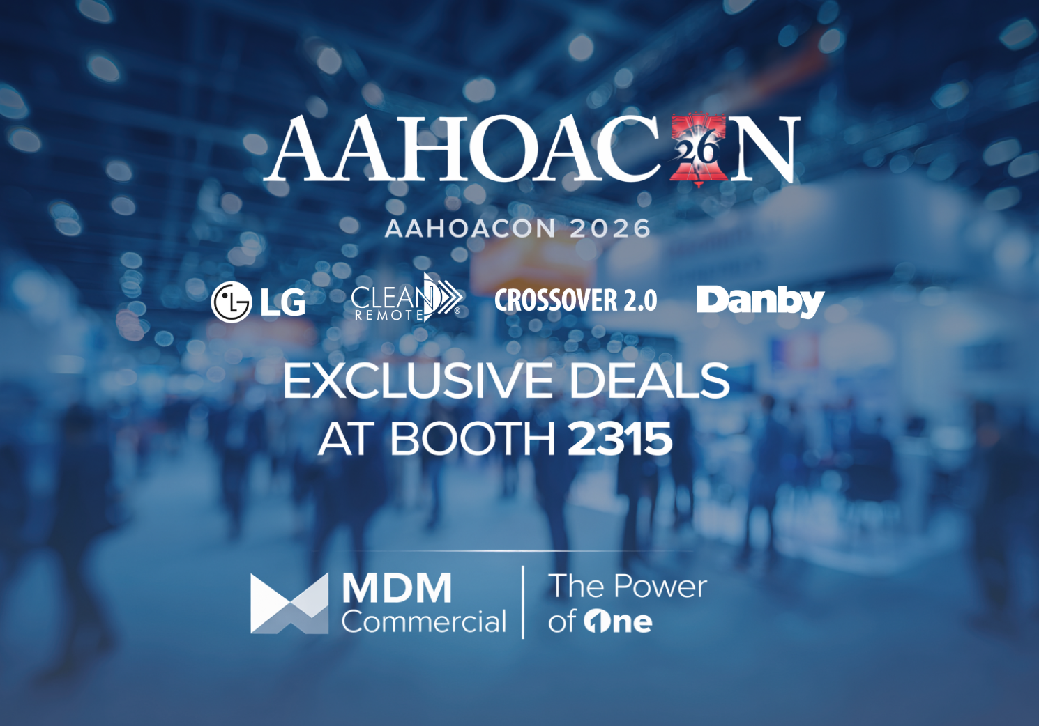 AAHOA 2026 show special promo graphic featuring LG smart hotel TV, Danby microwave, and mini refrigerator with exclusive event pricing and Booth 2315 details
