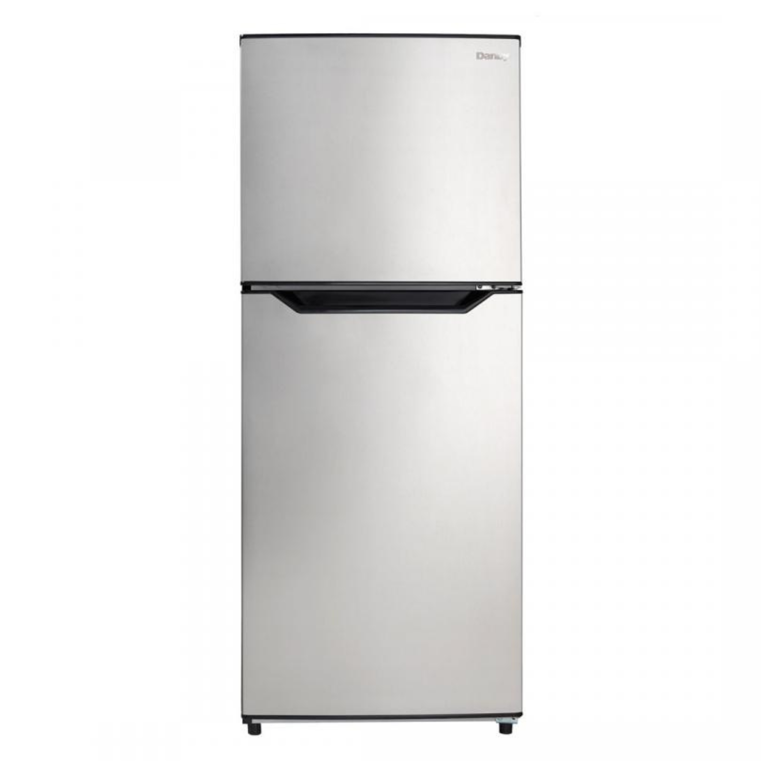Danby 14.2 cu ft midsize refrigerator with top freezer and glass shelves in extended stay hotel kitchen setup