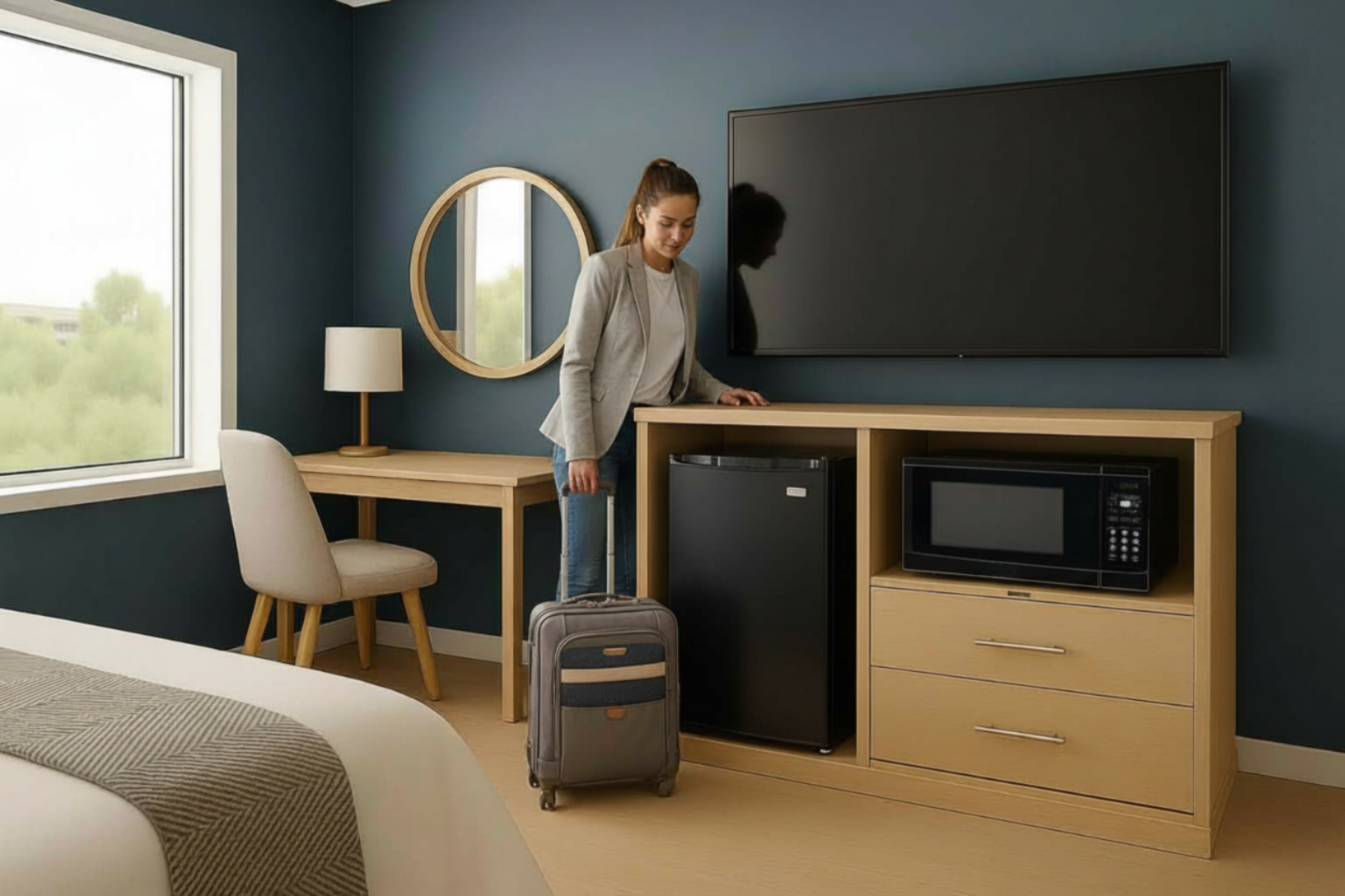 Hotel guest suite designed to meet Fairfield Inn and Suites by Marriott hotel TV and appliance brand standards featuring LG hospitality TV, guest room appliances, and modern FF&E layout