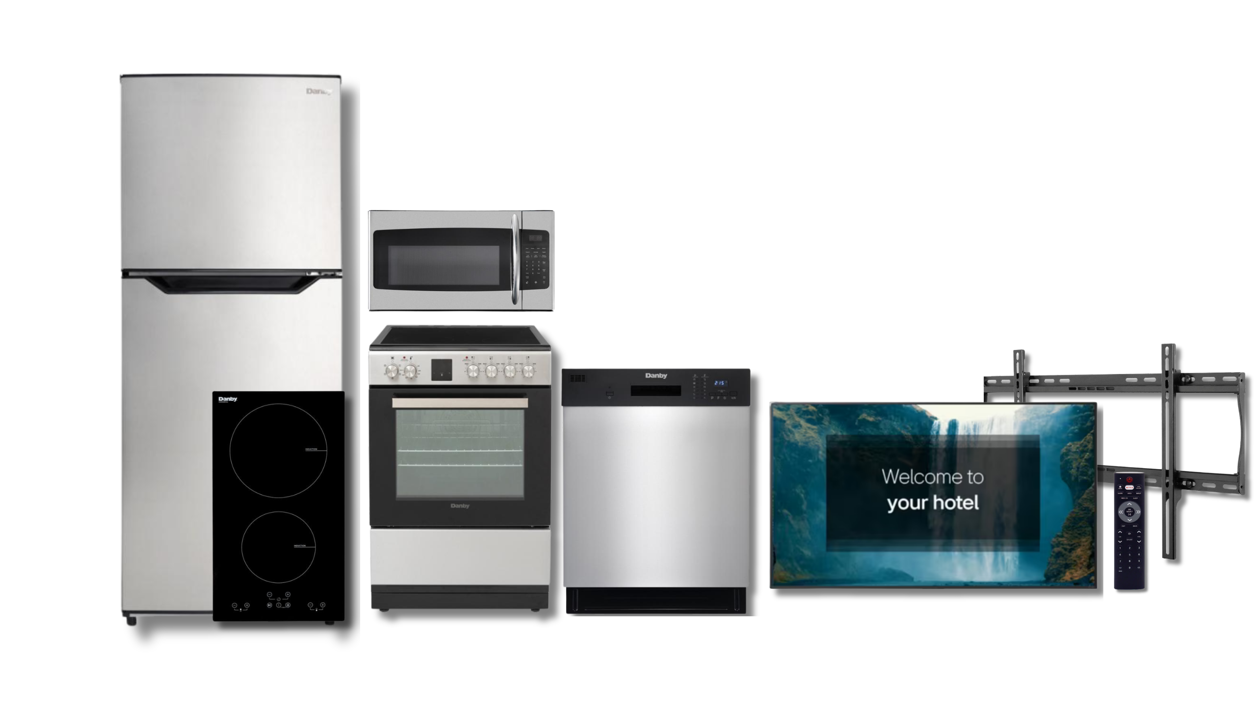 Residence Inn by Marriott extended stay suite with living area and bedroom TVs, full kitchen appliances, and guest room setup aligned with hotel TV and appliance brand standards