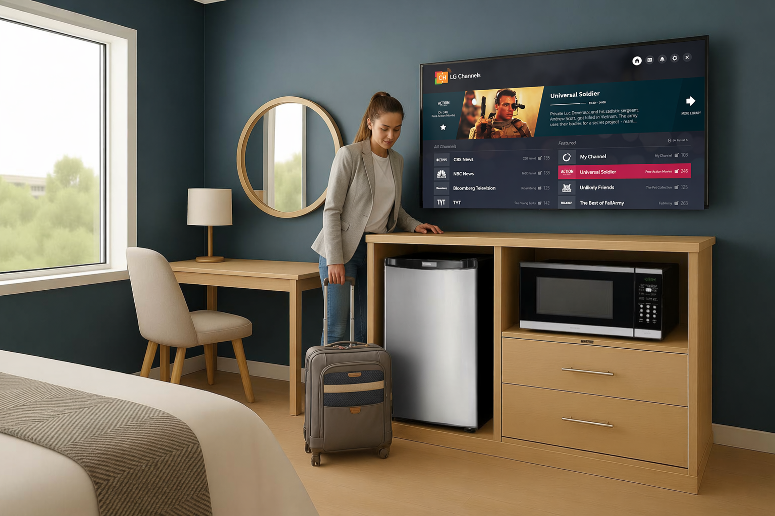 Hotel guest room featuring LG hotel TV, compact refrigerator, microwave, and in-room appliances designed to support hotel brand standards, guest comfort, and modern hospitality room upgrades.