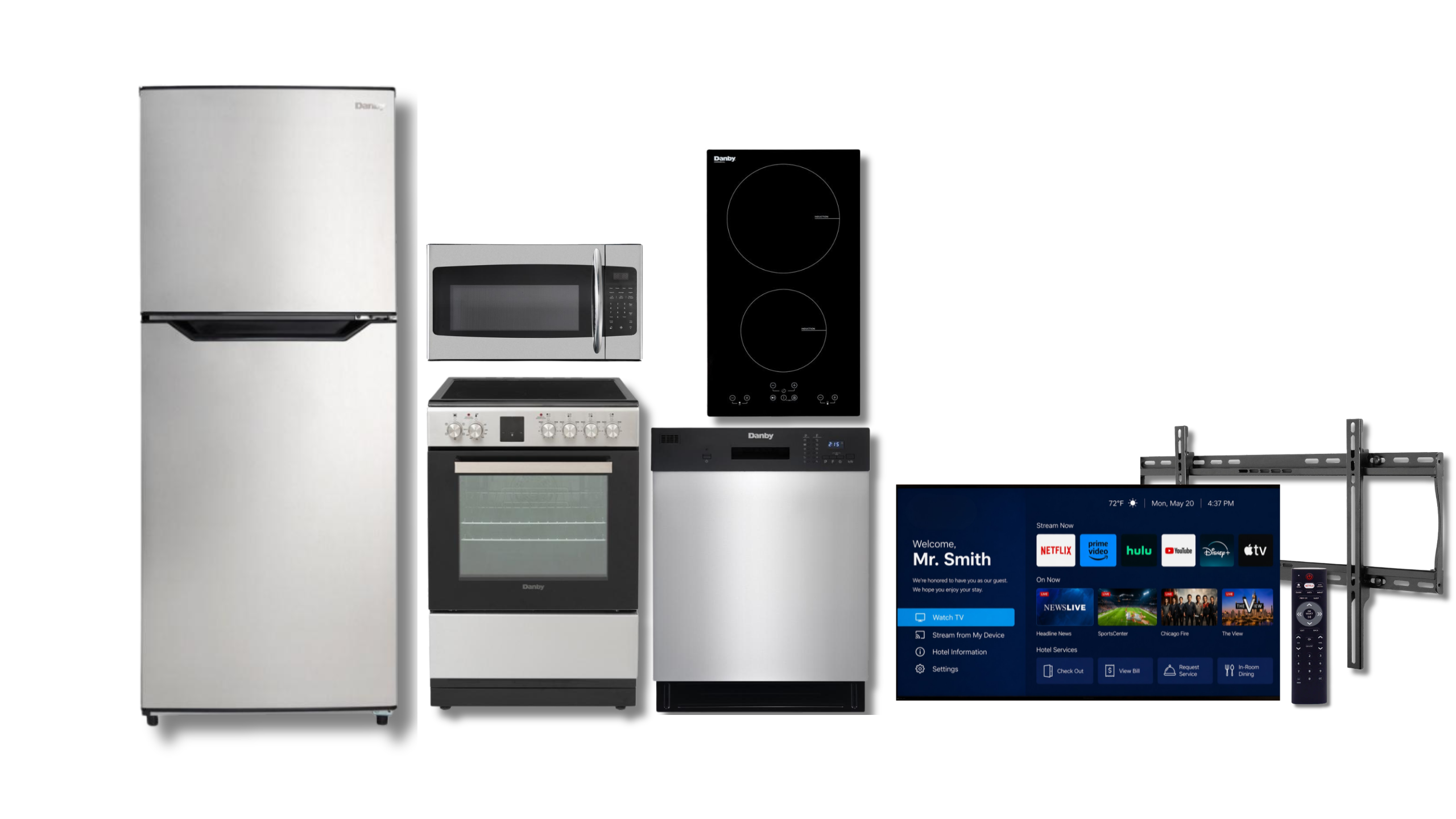 Homewood Suites by Hilton guest room package with LG hospitality TVs, suite appliances, mounts, and hotel room solutions
