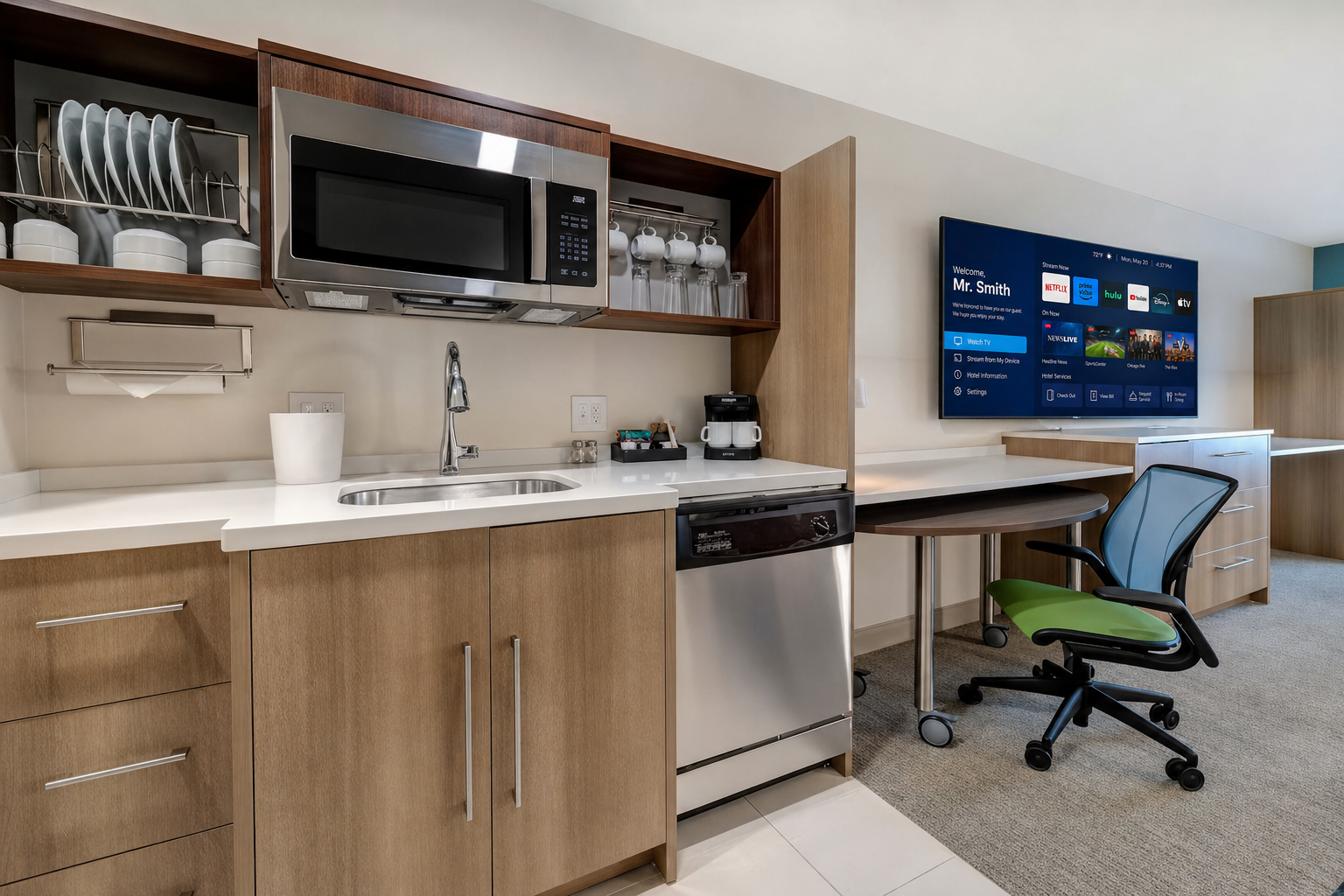 Home2 Suites by Hilton suite with LG hospitality TV and extended stay room appliances
