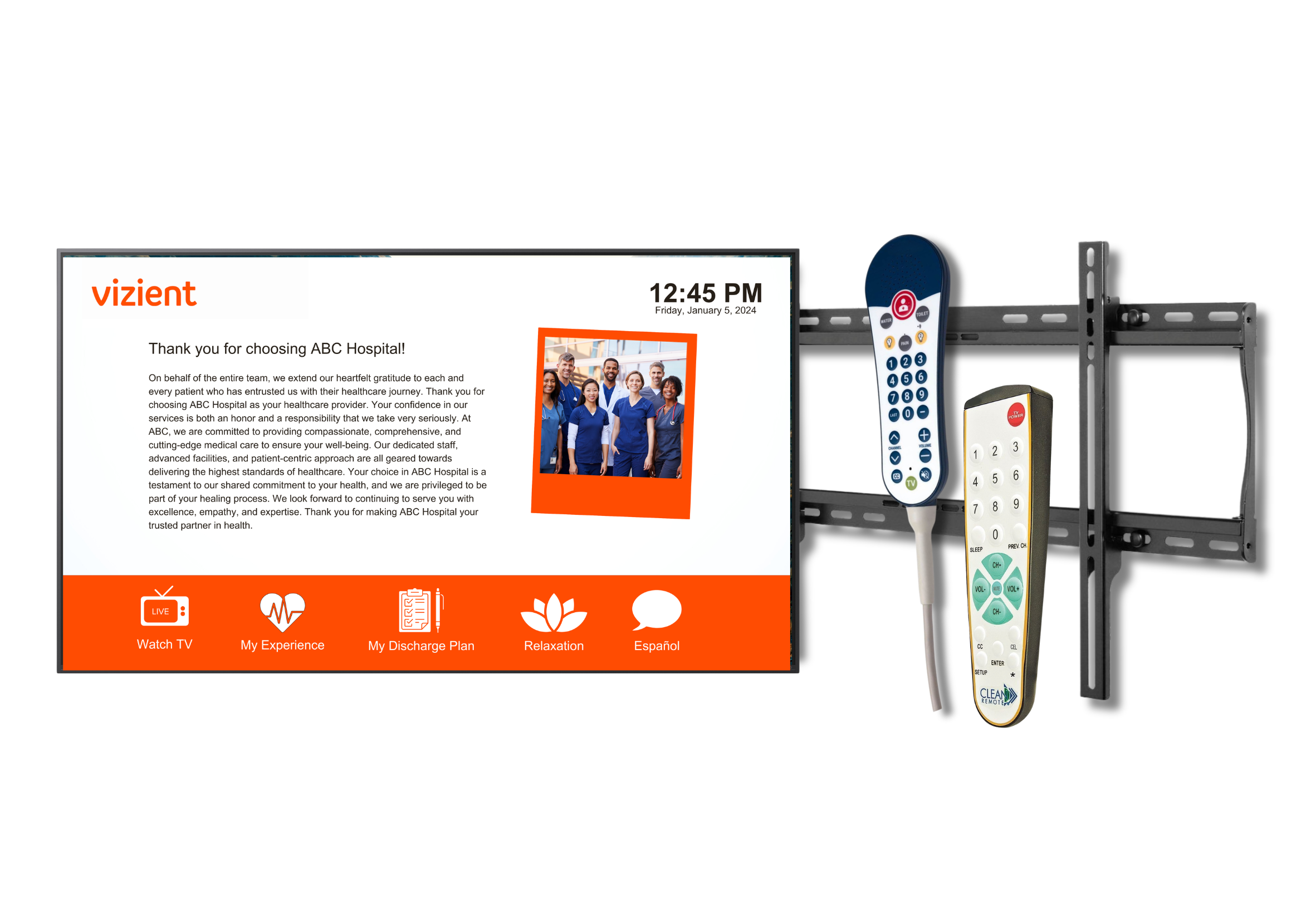 Patient room bundle featuring healthcare TVs, hospital TV mount, pillow speaker, and remote from MDM Commercial designed for modern patient room technology upgrades.