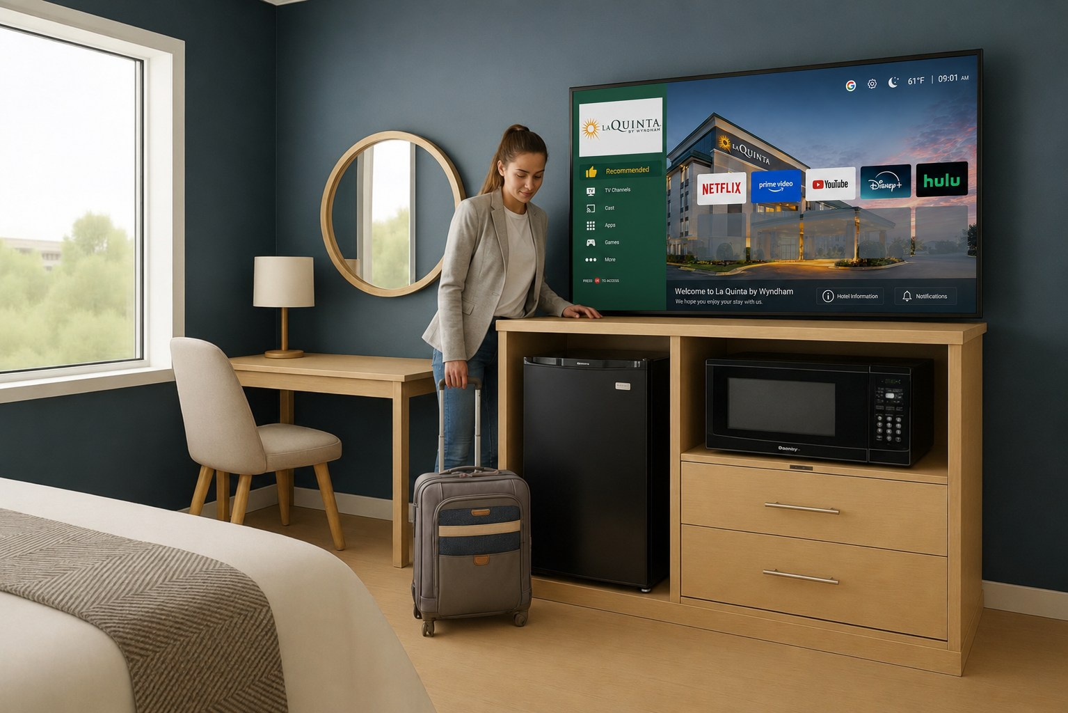 Modern La Quinta hotel guest room with LG Hospitality TV, hotel appliances, and hospitality technology solutions