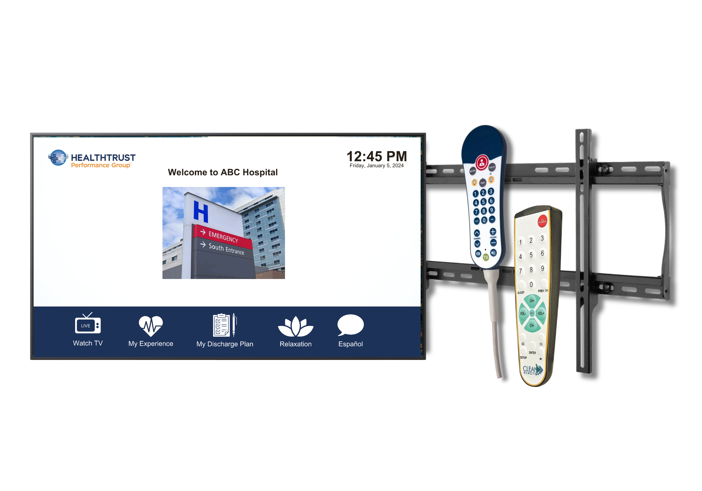 Hospital patient room bundle with healthcare TVs, mounts, and IPTV solutions from MDM Commercial