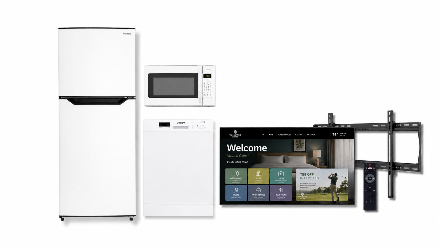 WoodSpring Suites guest room package with LG hospitality TVs, Danby appliances, IPTV systems, and hotel room technology