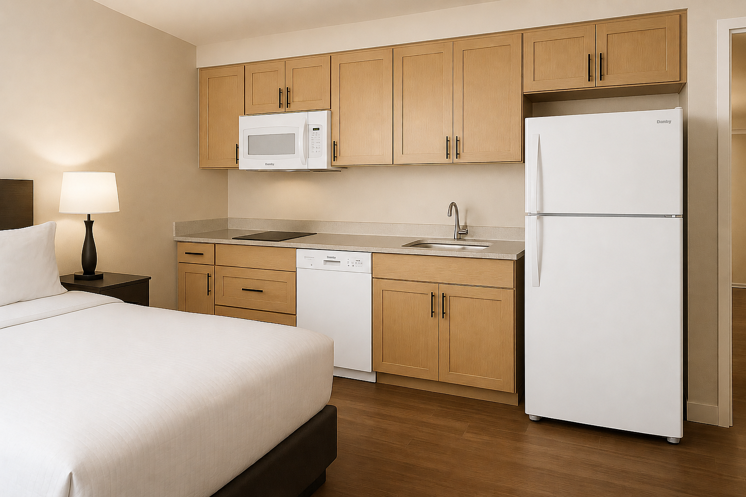 Extended stay hotel guest room solution with LG hospitality TVs, Danby refrigerators, microwaves, and IPTV infrastructure