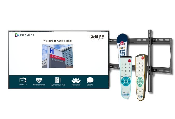 Patient room technology bundle featuring LG healthcare TVs, Peerless-AV mounts, Clean Remote remotes, and pillow speaker solutions.