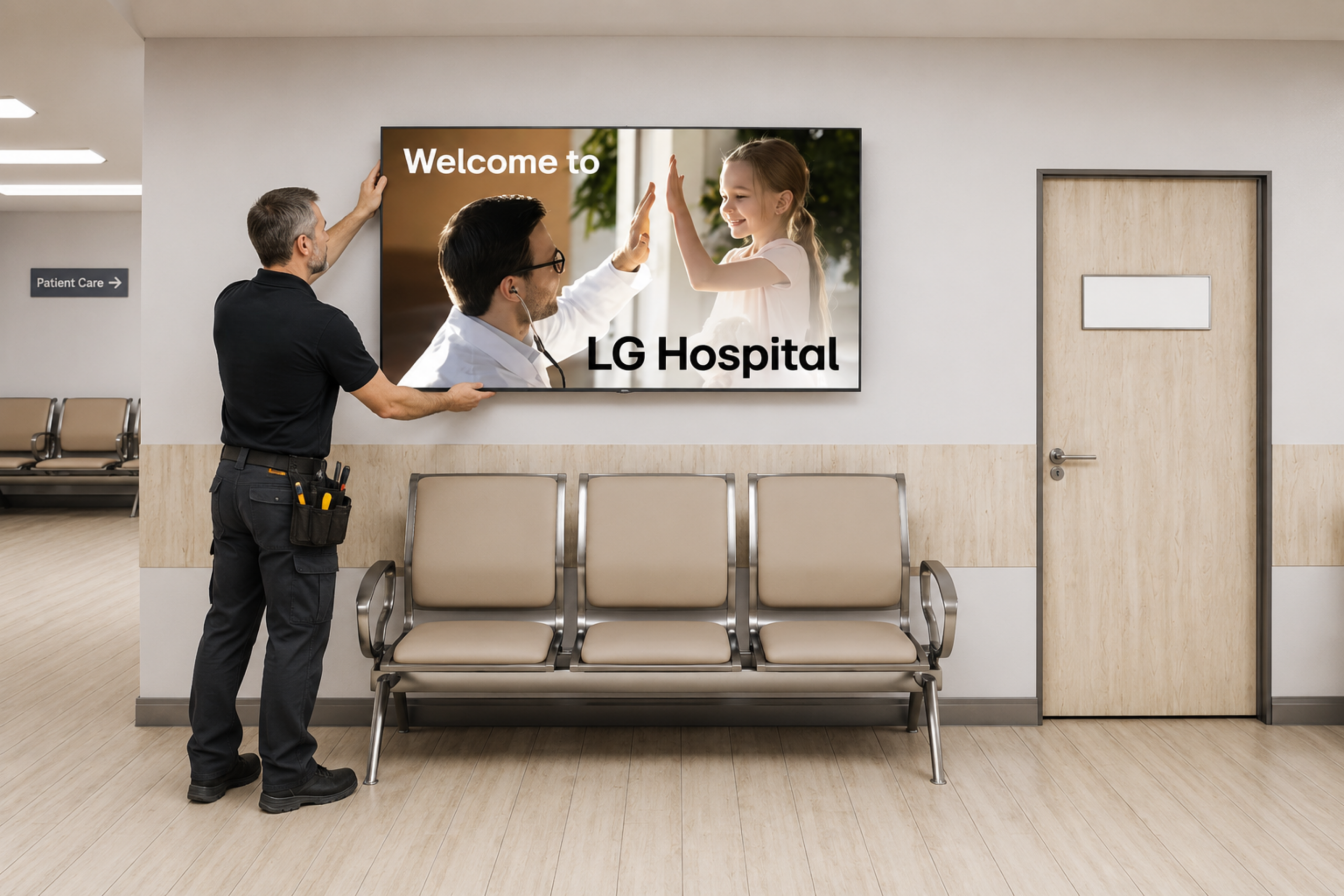Engineer configuring IPTV system equipment in a hospital