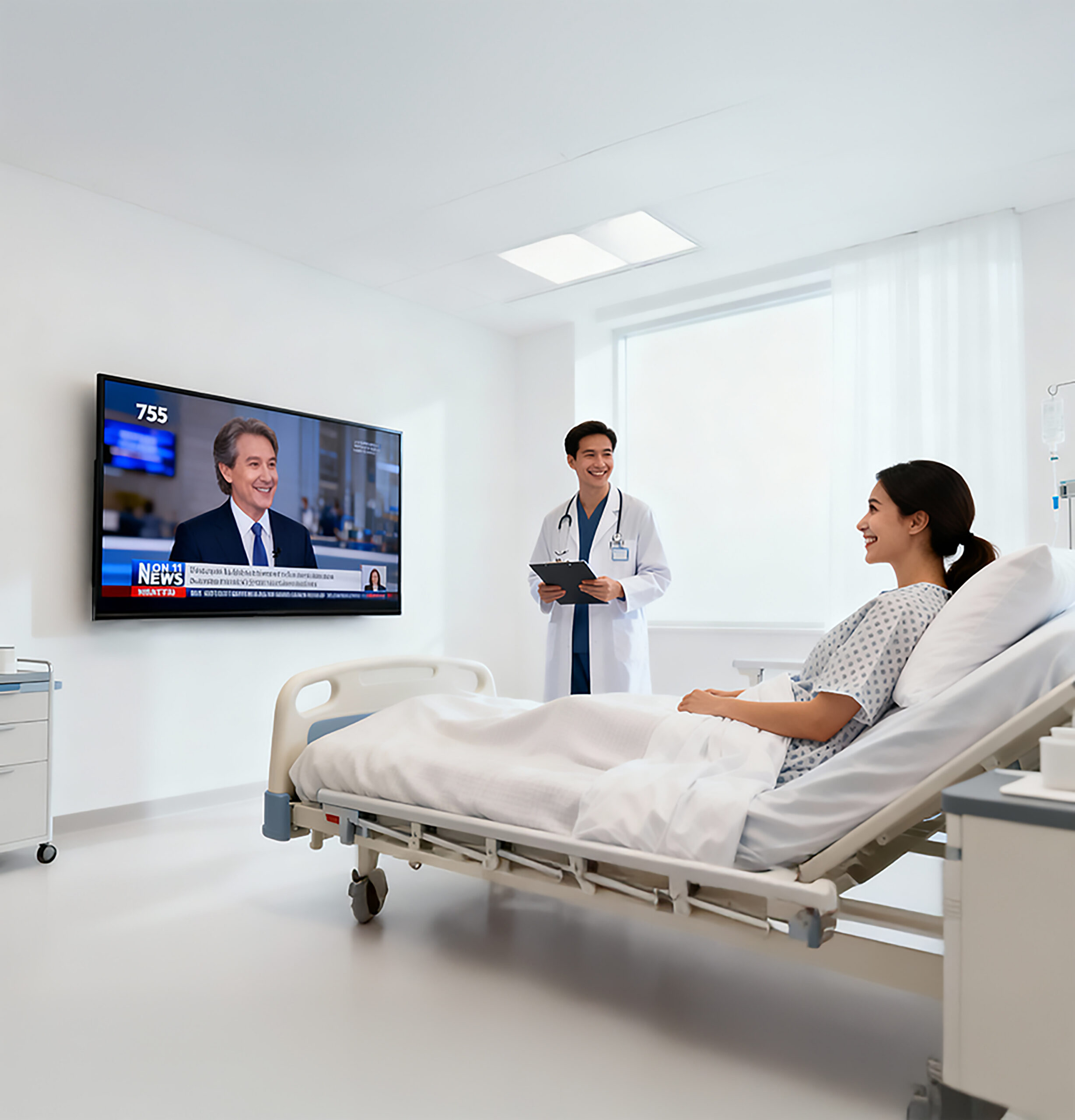 Patient using an LG healthcare television in a modern hospital patient room.