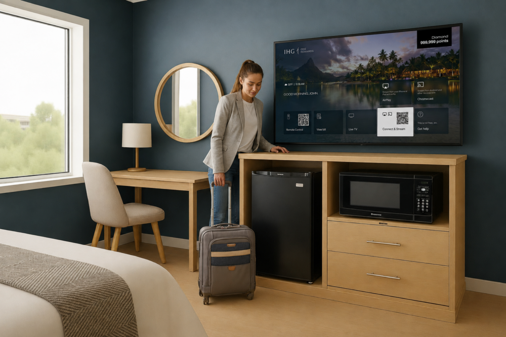 LG Pro:Centric hotel television displaying the guest welcome screen in a hotel room.