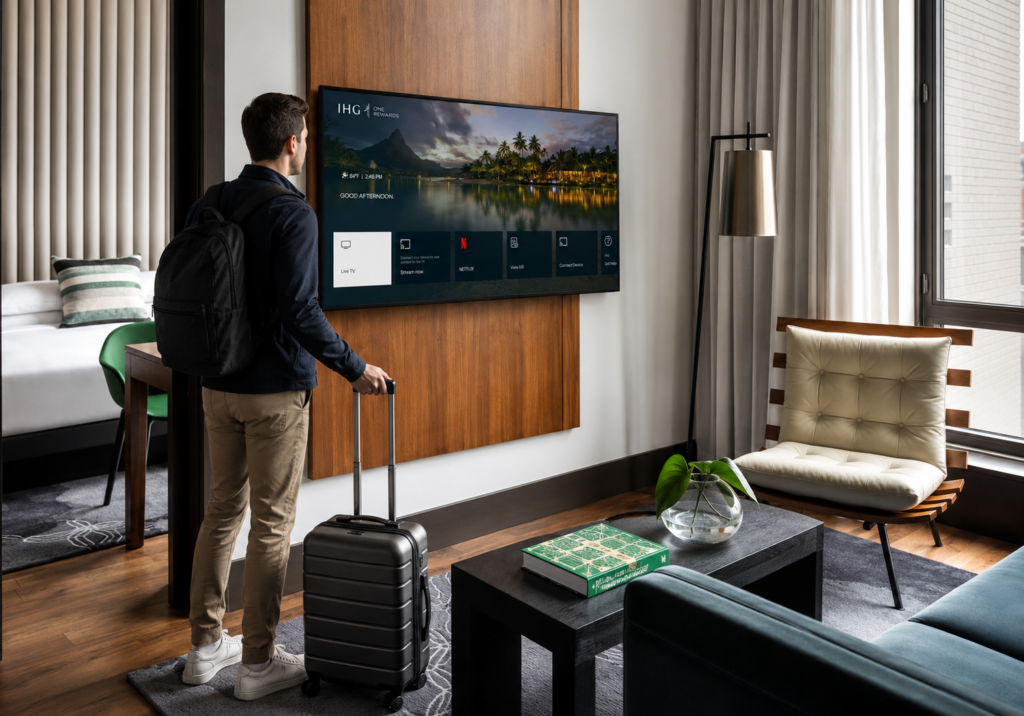 Modern hotel guest room with an LG hospitality TV mounted on the wall.