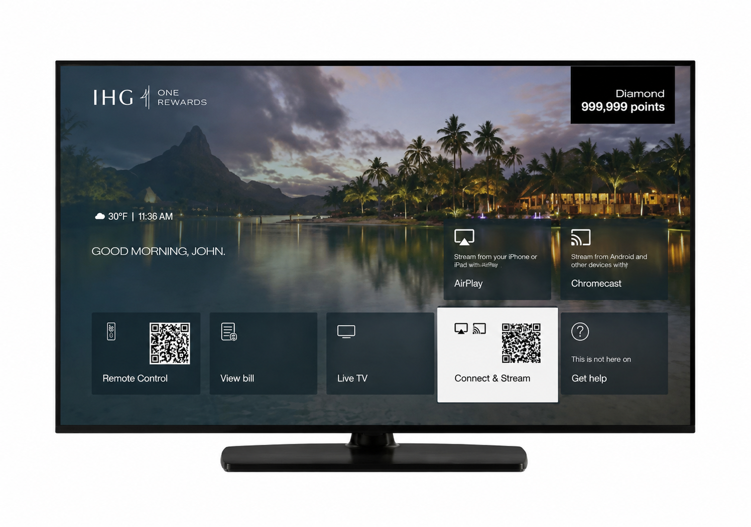 LG Pro:Centric hotel television displaying the IHG guest welcome screen in a hotel room.