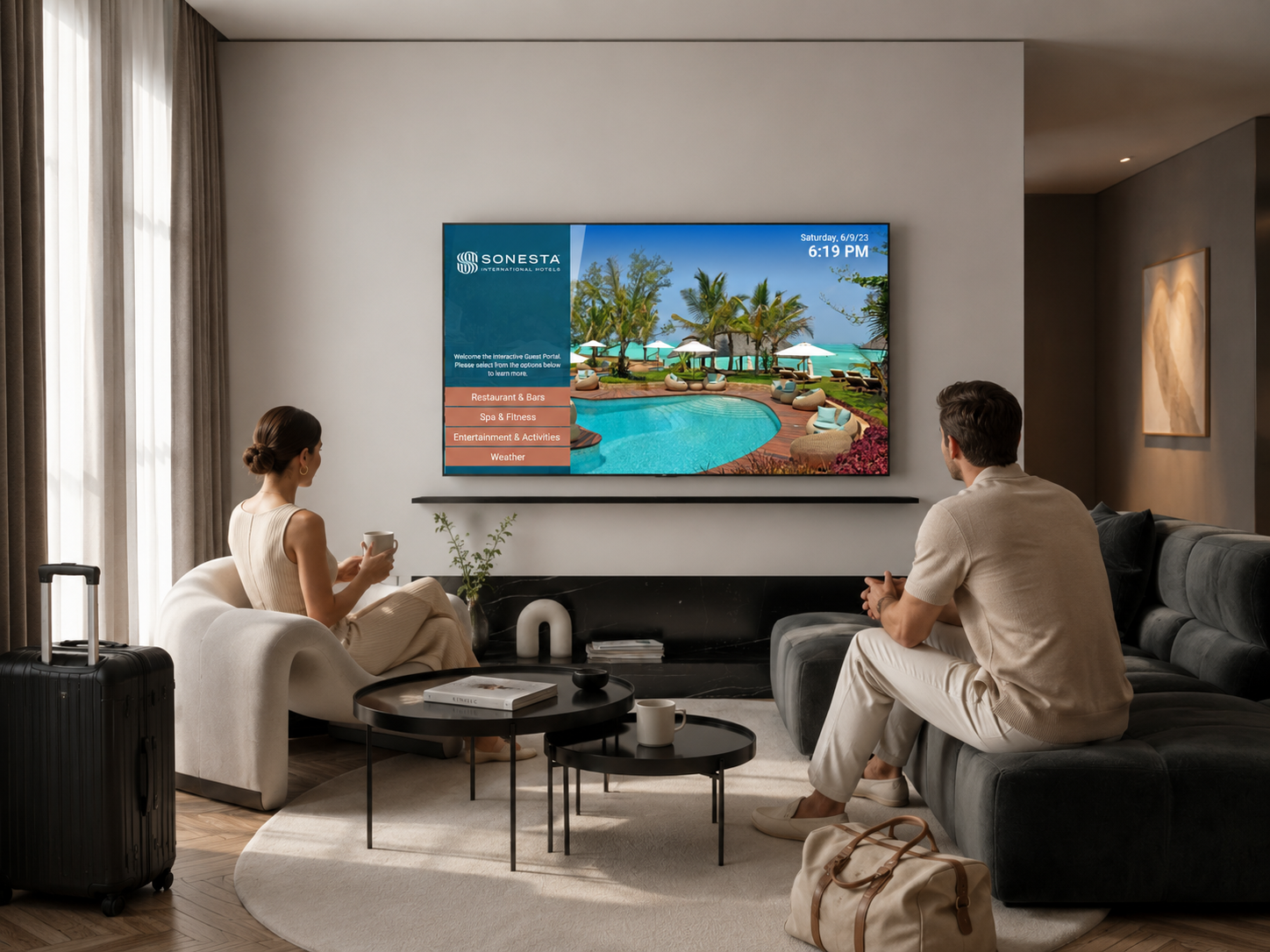 Hotel guests relaxing in a modern hotel suite while using an LG hospitality TV with Pro:Centric interactive guest portal. Commercial hotel television displays Sonesta hotel information, amenities, dining, entertainment, and guest services in a contemporary guest room environment.