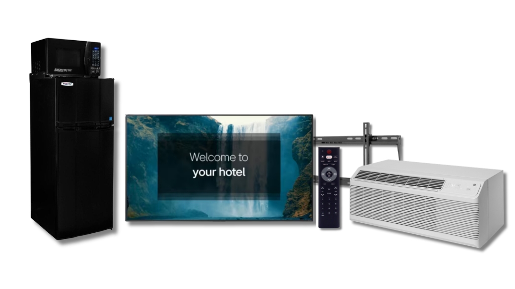 G6 Hospitality Motel 6 Studio 6 guest room with LG TV MicroFridge economy hotel appliance bundle
